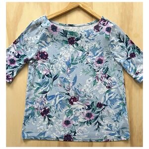 Gloria Vanderbilt Blue Floral Top Women's M | Boat Neck Elbow Sleeve